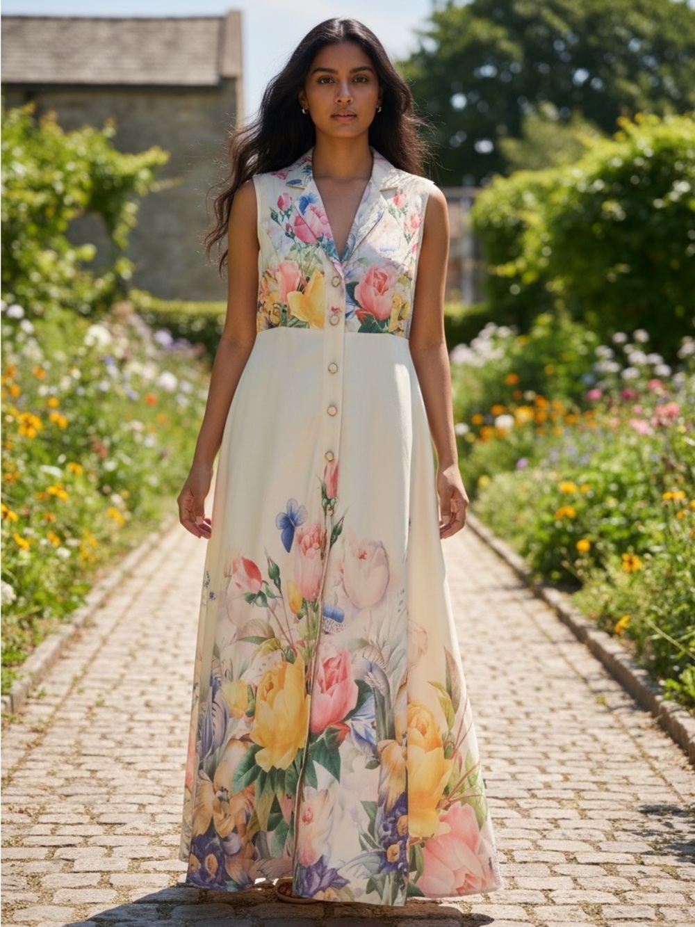 Dalia MacPhee Floral Button-Front Maxi Dress